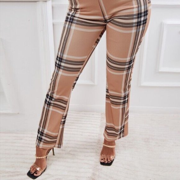 Women Dress Pants Small Brown Striped Print High Waist Leg Straigth Stretch Soft - Picture 6 of 16